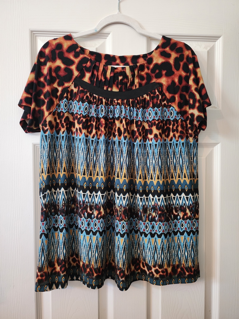 Rafaella Mixed Print Leopard & Teal Geometric Pleated Short Sleeve Blouse Size L